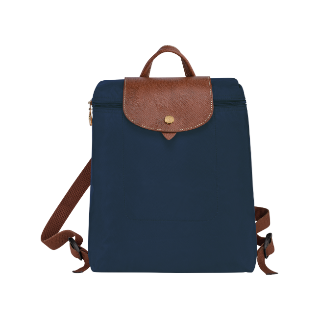 Navy blue the backpack with brown leather accents on a white background