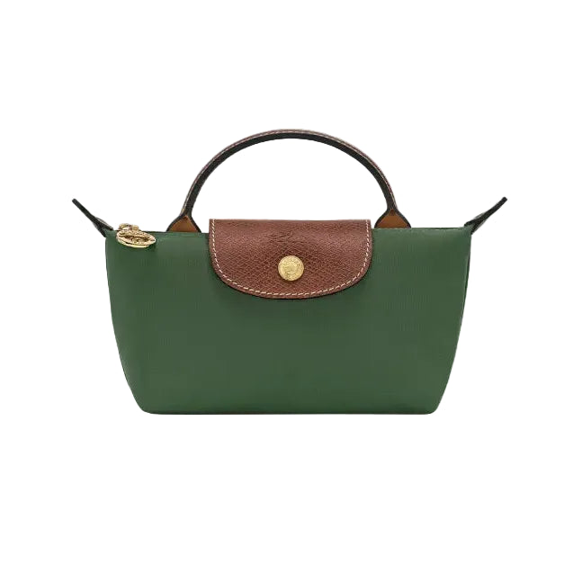 A green leather handbag with a brown flap, gold-tone hardware, and a top handle, shown against a light gray background.