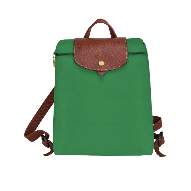 Green the backpack with brown leather accents on a white background