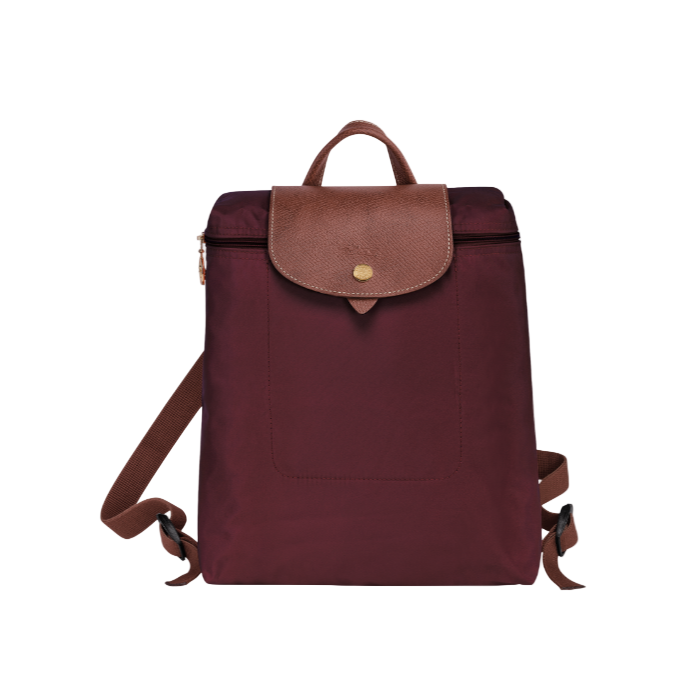 Maroon the backpack with brown leather accents on a white background