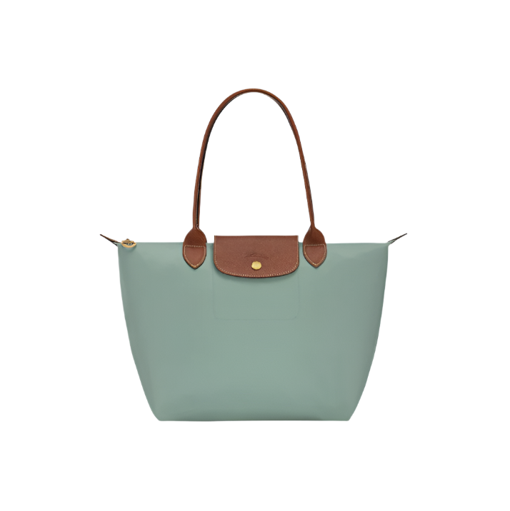 Tote handbag with brown leather accents on a light gray background- celadon purse
