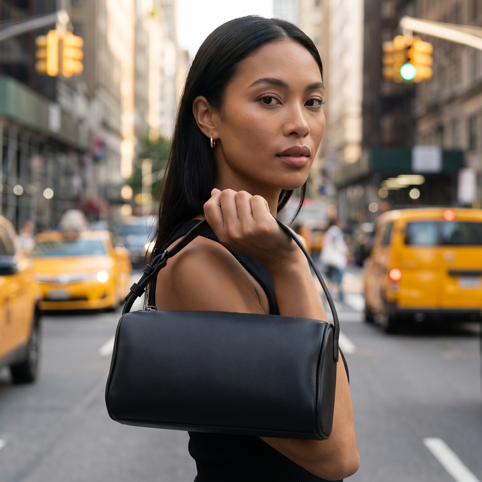 Woman holding a black 90s handbag on a busy city street with yellow taxis.