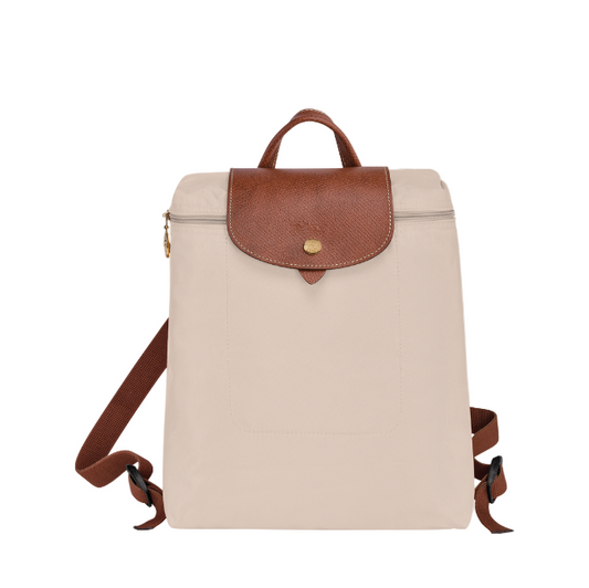 beige longchamp backpack- front view