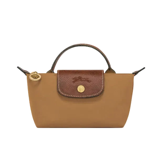 A bronze leather handbag with a top handle, gold-tone hardware, and a flap closure featuring a  logo, shown against a plain light gray background.