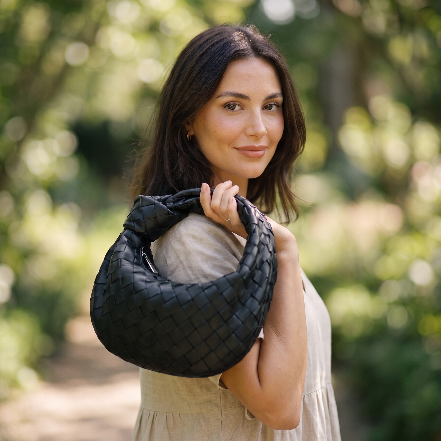 ugc model holding the woven handbag